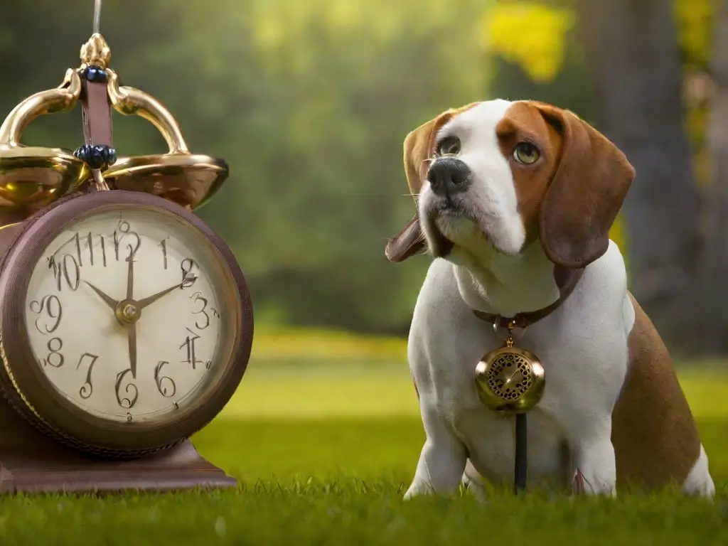 Time flies when you're a dog! An hour zooms by in a whirlwind of tail-chasing, belly rubs, and playful mischief.
